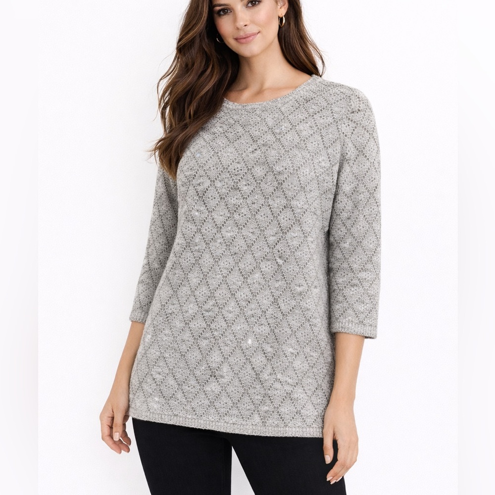 Peck & Peck Gray Sequin Tunic Sweater Size XL Decorative Back Slit Knit Lace